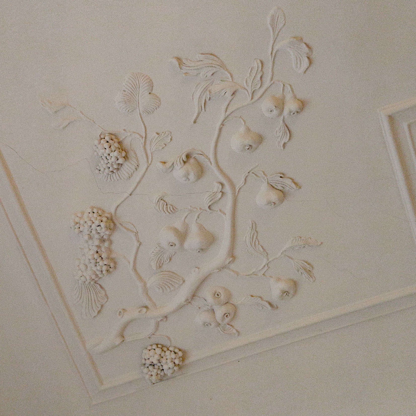 Fantasievolles Stuckelement aus Biernen und Wein